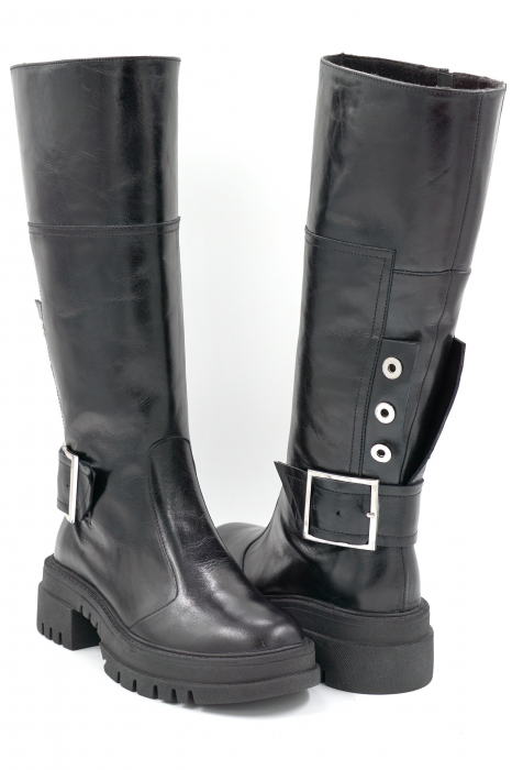 Cizme dama lungi casual din piele naturala neagra cu varf rotund, talpa 5 cm si accesorii metalice 74819-24 [3]