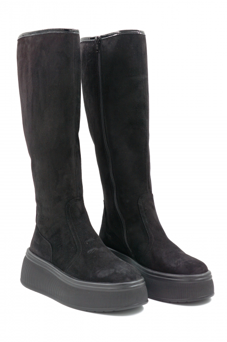 Cizme dama lungi casual din piele naturala intoarsa neagra cu varf rotund si talpa groasa de 5 cm 77121-24 [2]