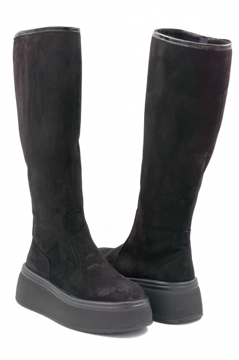 Cizme dama lungi casual din piele naturala intoarsa neagra cu varf rotund si talpa groasa de 5 cm 77121-24 [3]