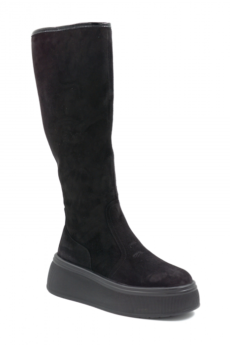 Cizme dama lungi casual din piele naturala intoarsa neagra cu varf rotund si talpa groasa de 5 cm 77121-24 [4]