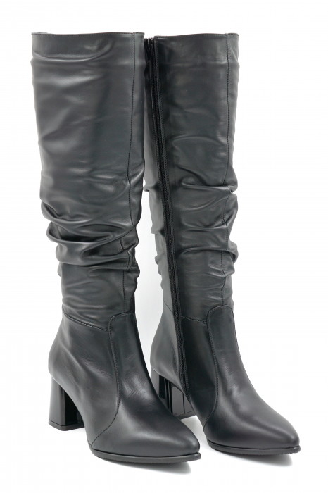 Cizme dama lungi elegante fronsate din piele naturala neagra cu varf ascutit stileto si toc mic gros 6 cm 78321-24 [3]