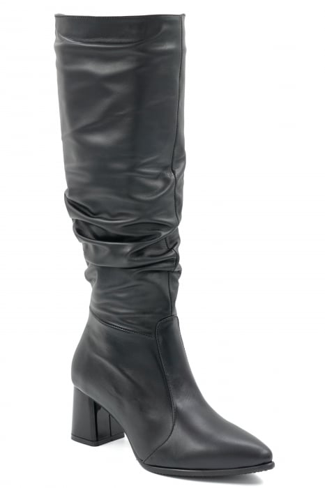 Cizme dama lungi elegante fronsate din piele naturala neagra cu varf ascutit stileto si toc mic gros 6 cm 78321-24 [2]