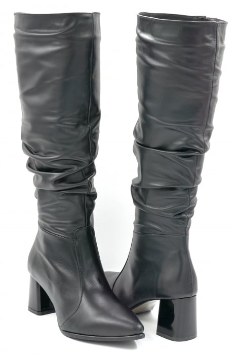 Cizme dama lungi elegante fronsate din piele naturala neagra cu varf ascutit stileto si toc mic gros 6 cm 78321-24 [4]