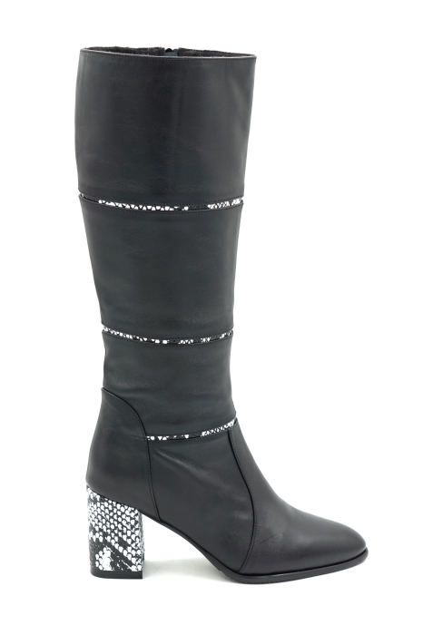 Cizme dama din piele naturala neagra si cu imprimeu sarpe cu varf ascutit si toc mic gros imbracat de 6 cm 12411-25 [1]