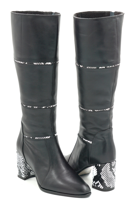 Cizme dama din piele naturala neagra si cu imprimeu sarpe cu varf ascutit si toc mic gros imbracat de 6 cm 12411-25 [4]