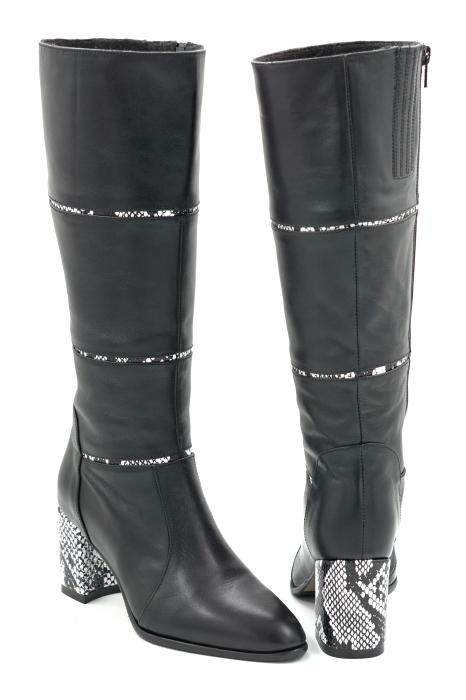 Cizme dama din piele naturala neagra si cu imprimeu sarpe cu varf ascutit si toc mic gros imbracat de 6 cm 12411-25 [5]