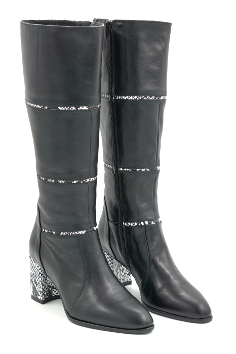 Cizme dama din piele naturala neagra si cu imprimeu sarpe cu varf ascutit si toc mic gros imbracat de 6 cm 12411-25 [3]