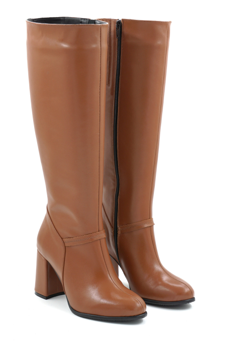 Cizme dama din piele naturala maro coniac cu varf rotund si toc mediu gros imbracat de 8 cm 70226-26 [3]