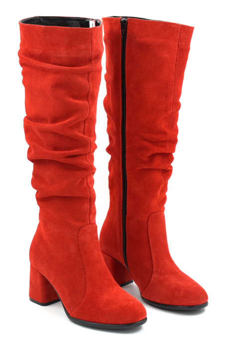 Cizme dama din piele naturala intoarsa rosie cu varf rotund si toc mic gros imbracat de 6 cm 78321-4-25 [3]