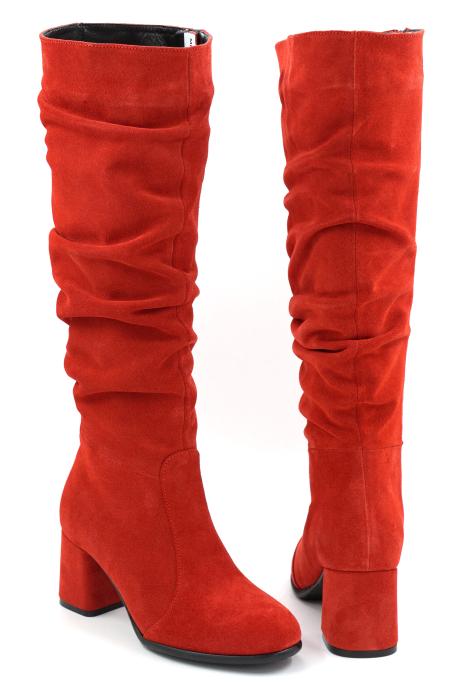 Cizme dama din piele naturala intoarsa rosie cu varf rotund si toc mic gros imbracat de 6 cm 78321-4-25 [5]