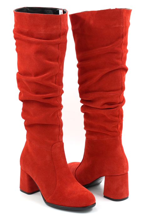 Cizme dama din piele naturala intoarsa rosie cu varf rotund si toc mic gros imbracat de 6 cm 78321-4-25 [4]