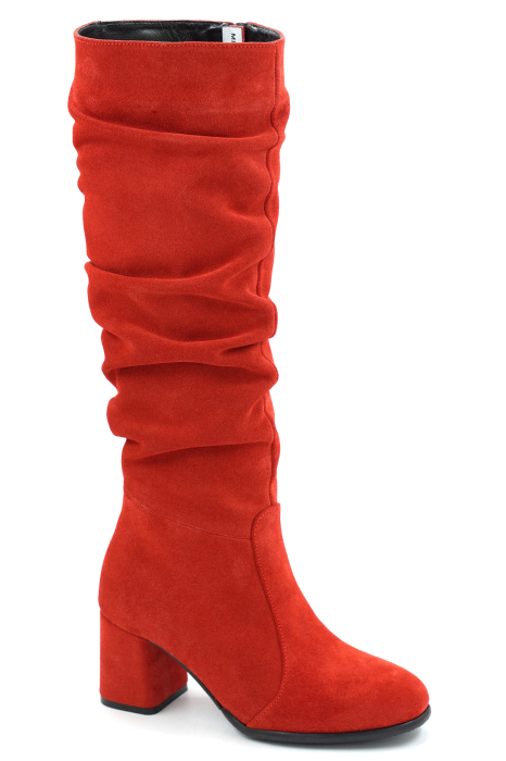 Cizme dama din piele naturala intoarsa rosie cu varf rotund si toc mic gros imbracat de 6 cm 78321-4-25 [2]