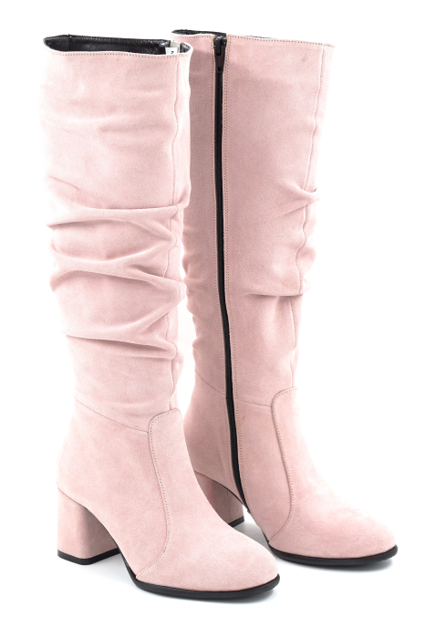 Cizme dama din piele naturala intoarsa roz pudra cu varf rotund si toc mic gros imbracat de 6 cm 78321-6-25 [3]