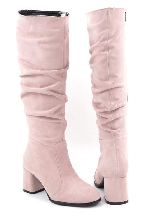 Cizme dama din piele naturala intoarsa roz pudra cu varf rotund si toc mic gros imbracat de 6 cm 78321-6-25 [5]