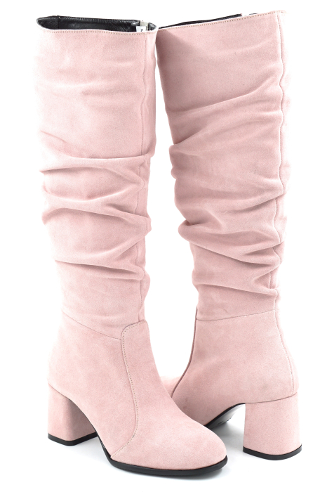 Cizme dama din piele naturala intoarsa roz pudra cu varf rotund si toc mic gros imbracat de 6 cm 78321-6-25 [4]