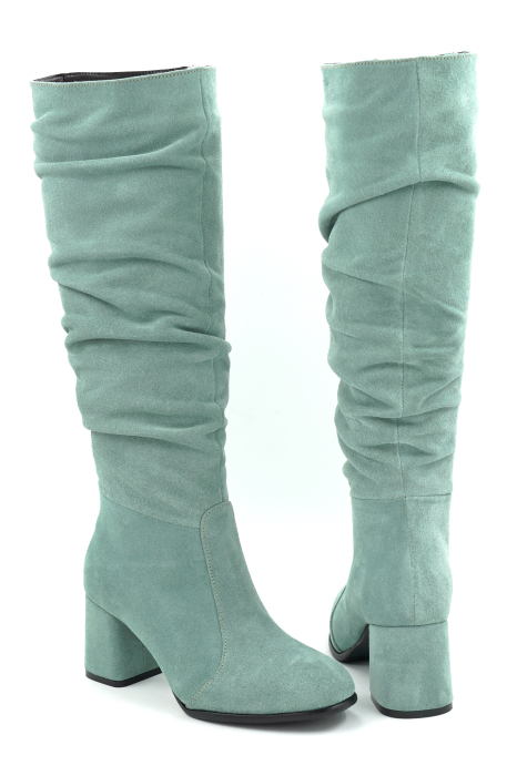 Cizme dama din piele naturala intoarsa verde deschis cu varf rotund si toc mic gros imbracatde 6 cm 78321-8-25 [5]