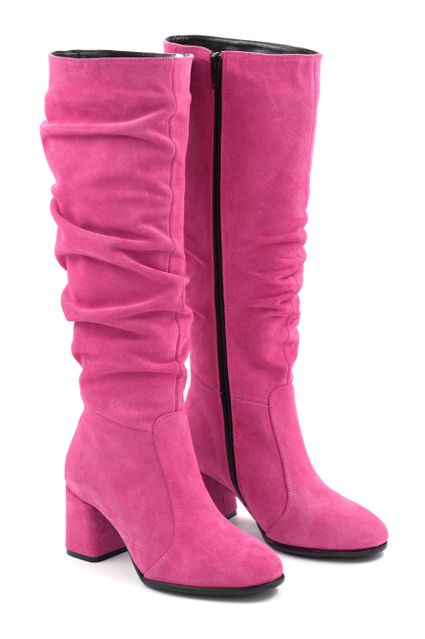 Cizme dama din piele naturala intoarsa roz fucsia cu varf rotund si toc mic gros imbracat de 6 cm 78321-10-25 [3]