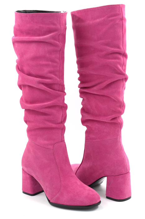 Cizme dama din piele naturala intoarsa roz fucsia cu varf rotund si toc mic gros imbracat de 6 cm 78321-10-25 [4]