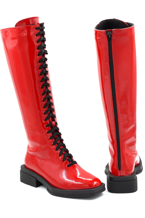 Cizme dama din piele naturala lacuita rosie cu varf patrat si toc mic gros de 4 cm 77021-1-25 [4]