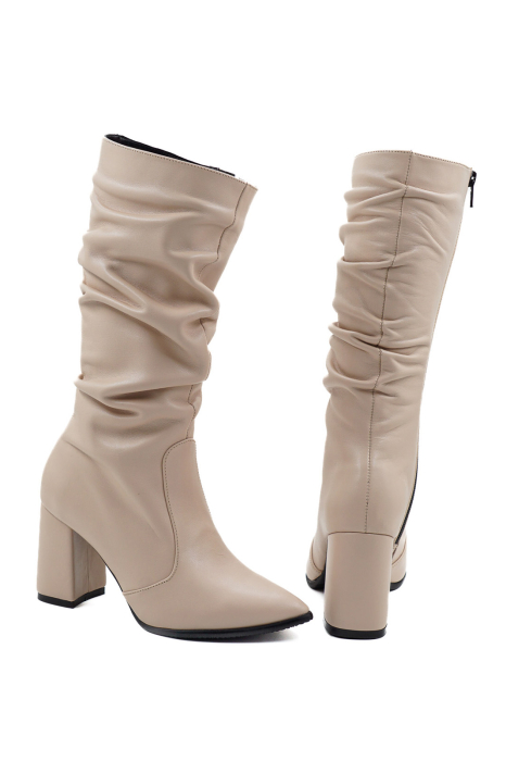 Cizme dama elegante scurte fronsate din piele naturala nude roze cu varf ascutit stileto si toc mediu gros imbracat 8 cm 70125-26 [5]