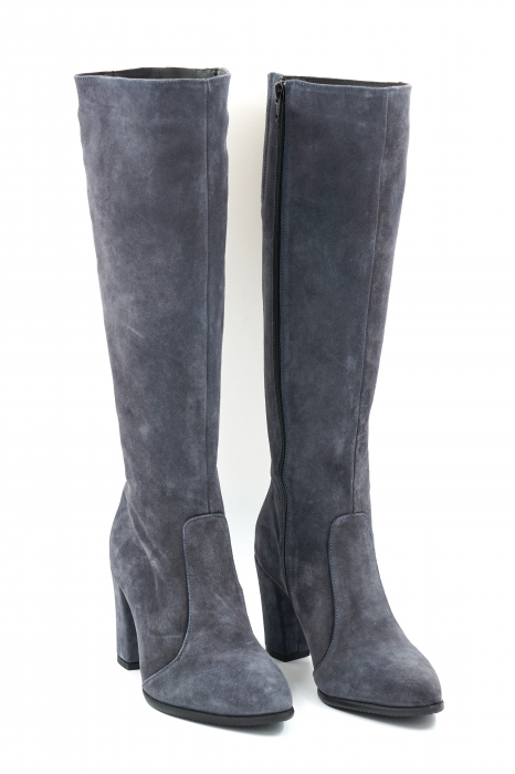 Cizme dama lungi elegante din piele naturala intoarsa albastru gri petrol cu varf ascutit si toc mediu gros imbracat 8 cm 70123-11-23 [4]