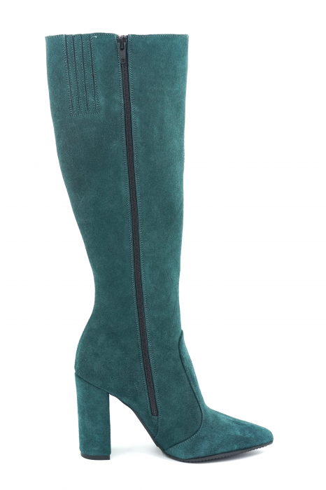 Cizme dama lungi elegante din piele naturala intoarsa verde menta cu varf ascutit stileto si toc inalt gros imbracat 9 cm 70123-15-23 [3]