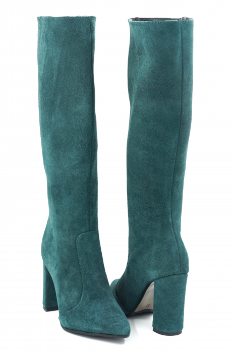 Cizme dama lungi elegante din piele naturala intoarsa verde menta cu varf ascutit stileto si toc inalt gros imbracat 9 cm 70123-15-23 [5]