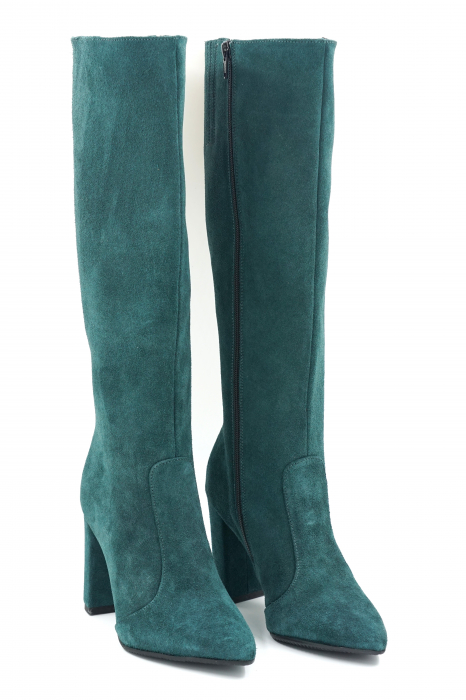 Cizme dama lungi elegante din piele naturala intoarsa verde menta cu varf ascutit stileto si toc inalt gros imbracat 9 cm 70123-15-23 [4]
