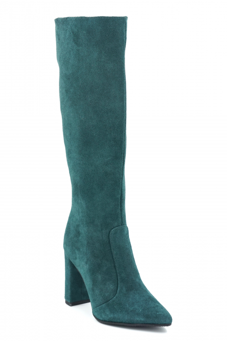 Cizme dama lungi elegante din piele naturala intoarsa verde menta cu varf ascutit stileto si toc inalt gros imbracat 9 cm 70123-15-23 [2]