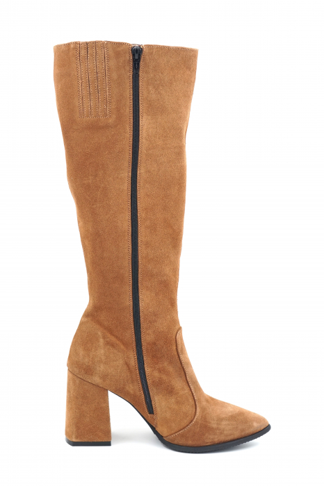 Cizme dama lungi elegante din piele naturala intoarsa maro coniac cu varf ascutit stileto si toc mediu gros imbracat 8 cm 70123-2-23 [3]