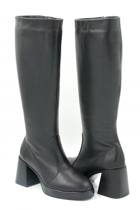 Cizme dama lungi casual din piele naturala neagra cu varf rotund, platforma 2 cm si toc mic gros 6 cm 70123-4-23 [4]