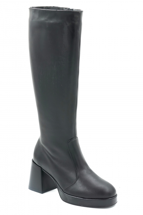 Cizme dama lungi casual din piele naturala neagra cu varf rotund, platforma 2 cm si toc mic gros 6 cm 70123-4-23 [2]