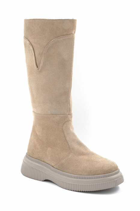 Cizme dama lungi casual din piele naturala  intoarsa cappucino cu varf rotund si talpa 4 cm 70519-24 [2]