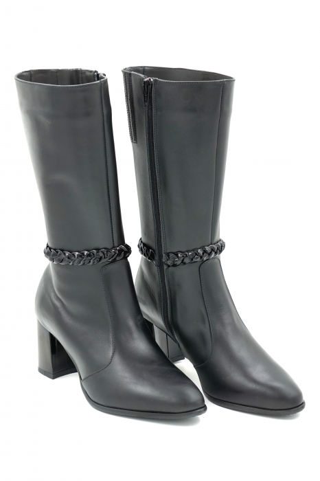 Cizme dama elegante scurte din piele naturala neagra cu varf ascutit si toc mediu gros 7 cm  72018-2-23 [3]