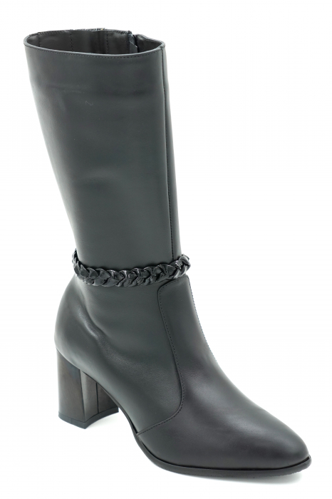 Cizme dama elegante scurte din piele naturala neagra cu varf ascutit si toc mediu gros 7 cm  72018-2-23 [2]
