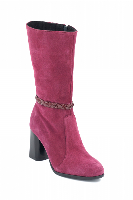 Cizme dama elegante scurte din piele naturala intoarsa mov cu varf rotund si toc mediu gros 8 cm  72018-23 [2]