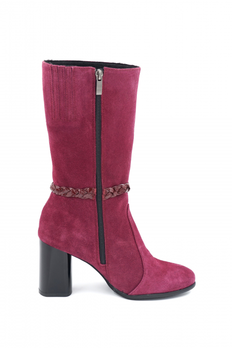 Cizme dama elegante scurte din piele naturala intoarsa mov cu varf rotund si toc mediu gros 8 cm  72018-23 [3]