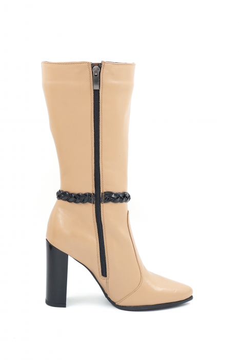 Cizme dama elegante scurte din piele naturala bej maro deschis si lac negru cu varf ascutit si toc inalt gros 9 cm 72018-5-23 [3]