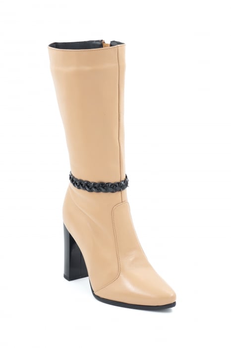 Cizme dama elegante scurte din piele naturala bej maro deschis si lac negru cu varf ascutit si toc inalt gros 9 cm 72018-5-23 [2]