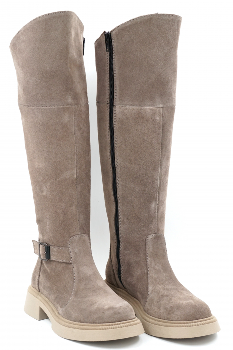 Cizme dama lungi casual din piele naturala intoarsa bej inchis grej cu varf rotund, talpa 3 cm si accesoriu metalic 73620-23 [3]