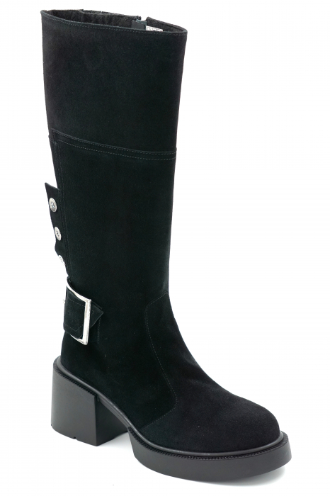 Cizme dama lungi casual din piele naturala intoarsa neagra cu varf rotund, talpa 3 cm si accesorii metalice  74819-1-23 [2]