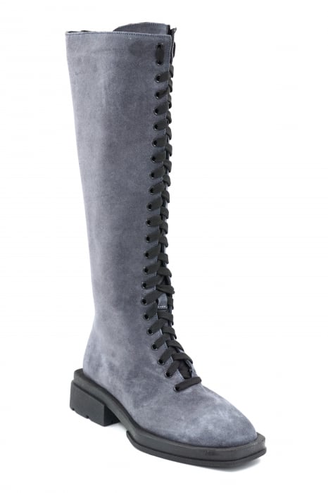 Cizme dama lungi casual din piele naturala intoarsa albastru petrol cu varf patrat si talpa 3 cm 77021-23 [3]