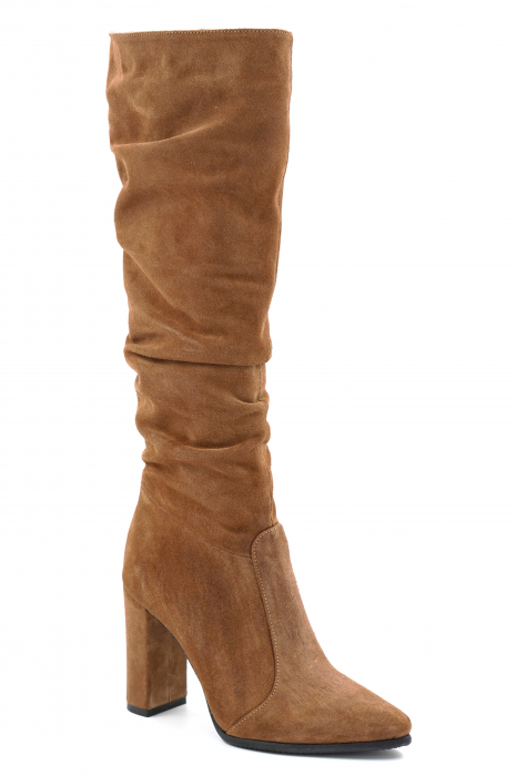 Cizme dama fronsate din piele naturala intoarsa maro coniac cu varf ascutit stileto si toc inalt gros imbracat 9 cm 77221-1-24 [2]