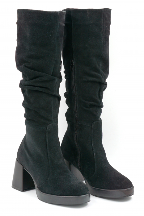 Cizme dama lungi elegante fronsate din piele naturala intoarsa neagra cu varf rotund, platforma 2 cm si toc mic gros 6 cm 77221-24 [3]