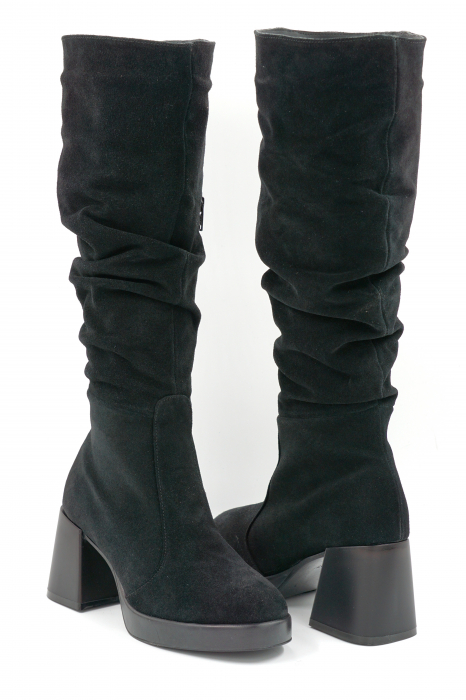 Cizme dama lungi elegante fronsate din piele naturala intoarsa neagra cu varf rotund, platforma 2 cm si toc mic gros 6 cm 77221-24 [4]