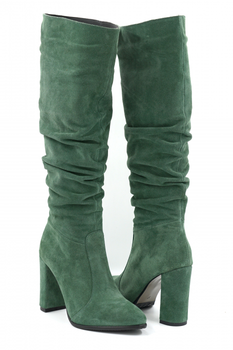 Cizme dama lungi elegante fronsate din piele naturala intoarsa verde menta cu varf ascutit si toc inalt gros imbracat 9 cm 77221-4-24 [3]