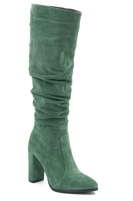 Cizme dama lungi elegante fronsate din piele naturala intoarsa verde menta cu varf ascutit si toc inalt gros imbracat 9 cm 77221-4-24 [2]