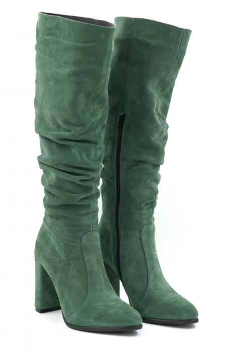 Cizme dama lungi elegante fronsate din piele naturala intoarsa verde menta cu varf ascutit si toc inalt gros imbracat 9 cm 77221-4-24 [4]