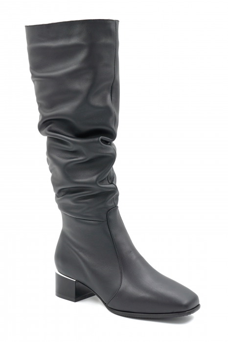Cizme dama lungi elegante fronsate din piele naturala neagra cu varf patrat si toc mic gros 4 cm  77221-8-24 [3]