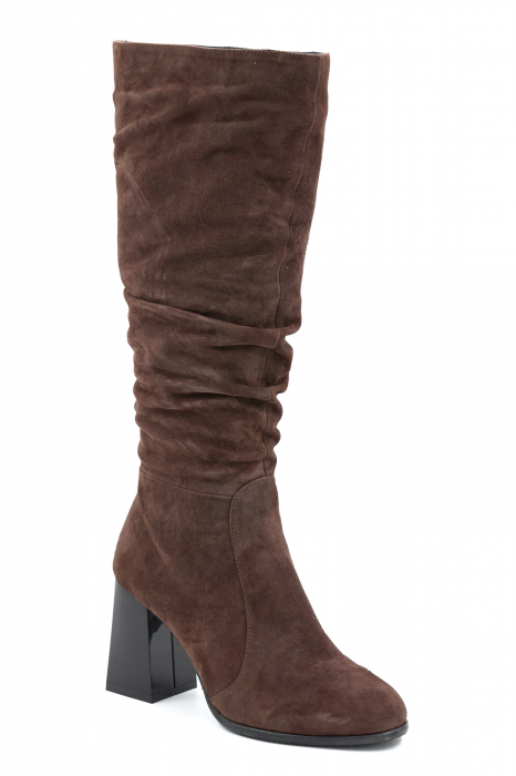 Cizme dama lungi elegante fronsate din piele naturala intoarsa maro inchis cu varf rotund si toc mediu gros 8 cm 77221-9-24 [2]